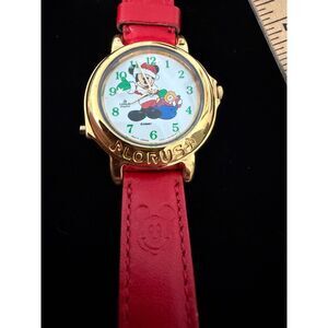 VTG Lorus Mickey Mouse Gold-Tone Watch Red Leather Band Plays Song Jingle Bells